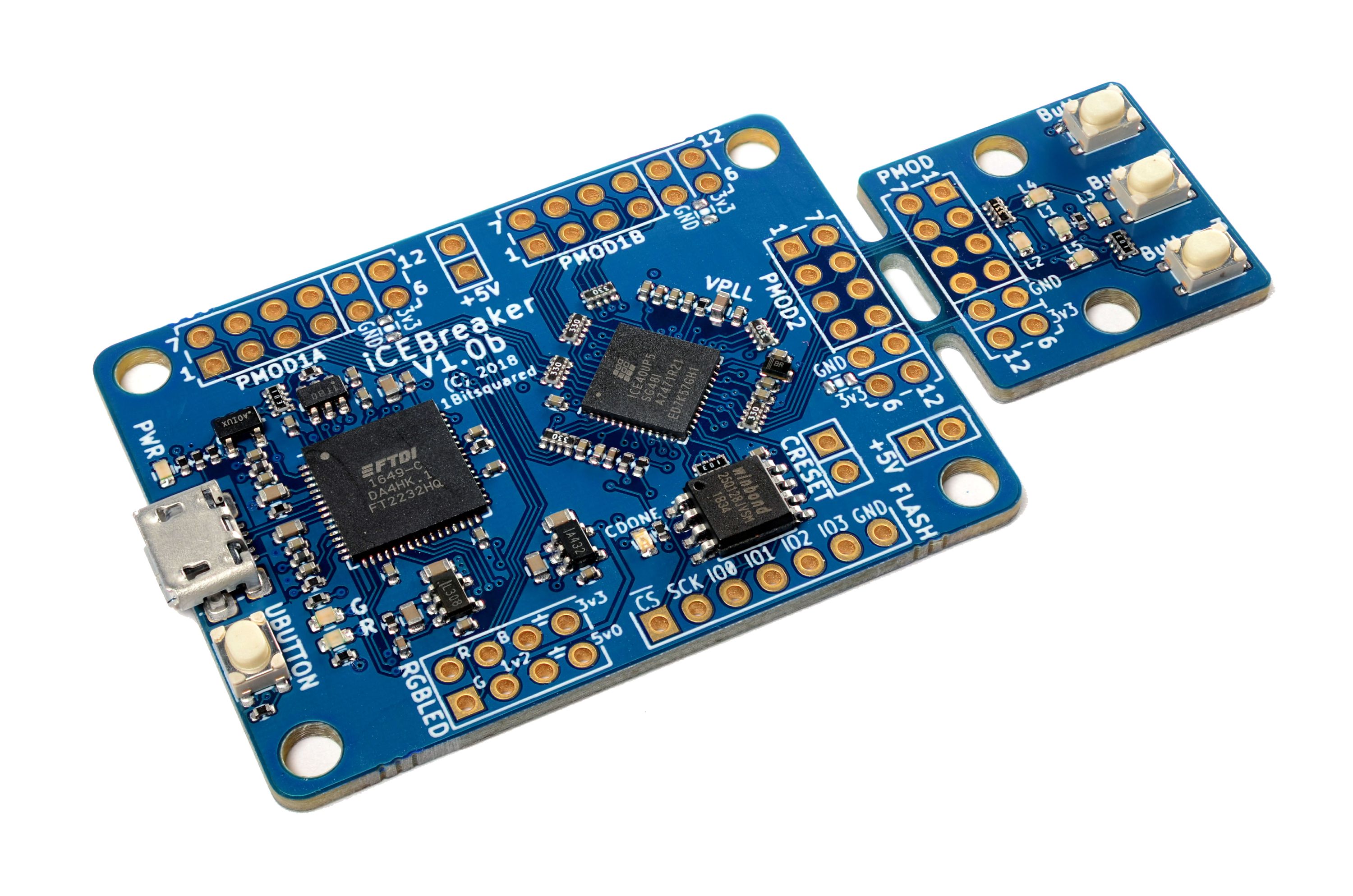 iCEBreaker FPGA wired to an ultrasonic distance sensor